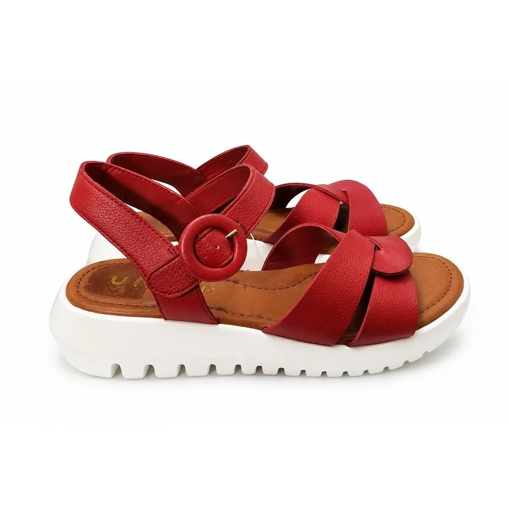 Unisa Womens Red Pebbled Faux Leather Platform Slingback Sandals Size 10